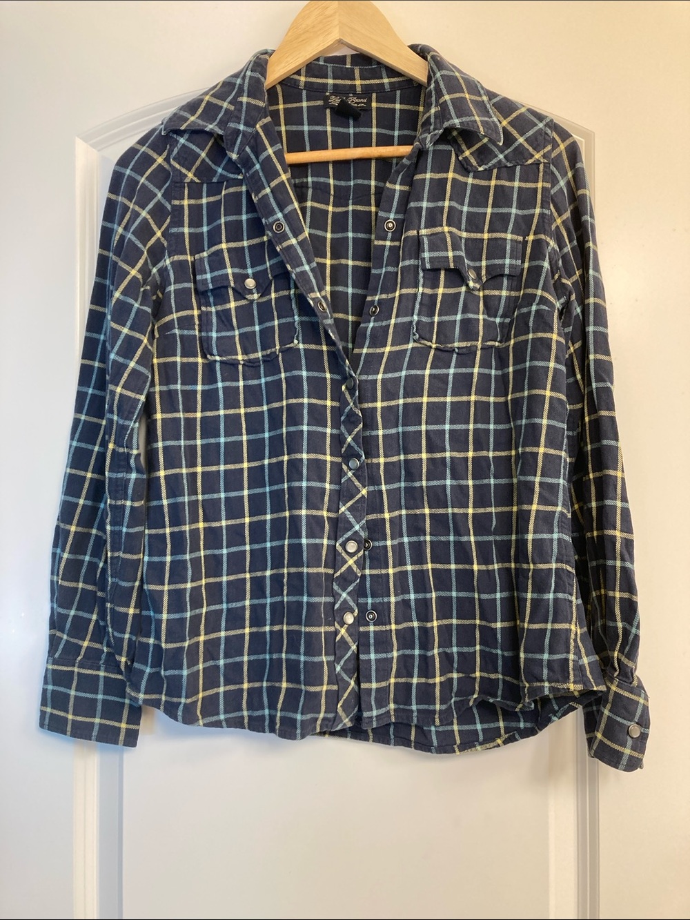 Lucky Brand Navy Blue and Light Yellow Plaid Button-Down Shirt